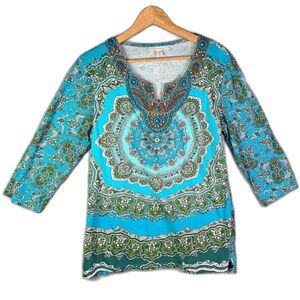 JM Collection Top Turquoise Paisley L Boho Beaded Embroidered Neckline